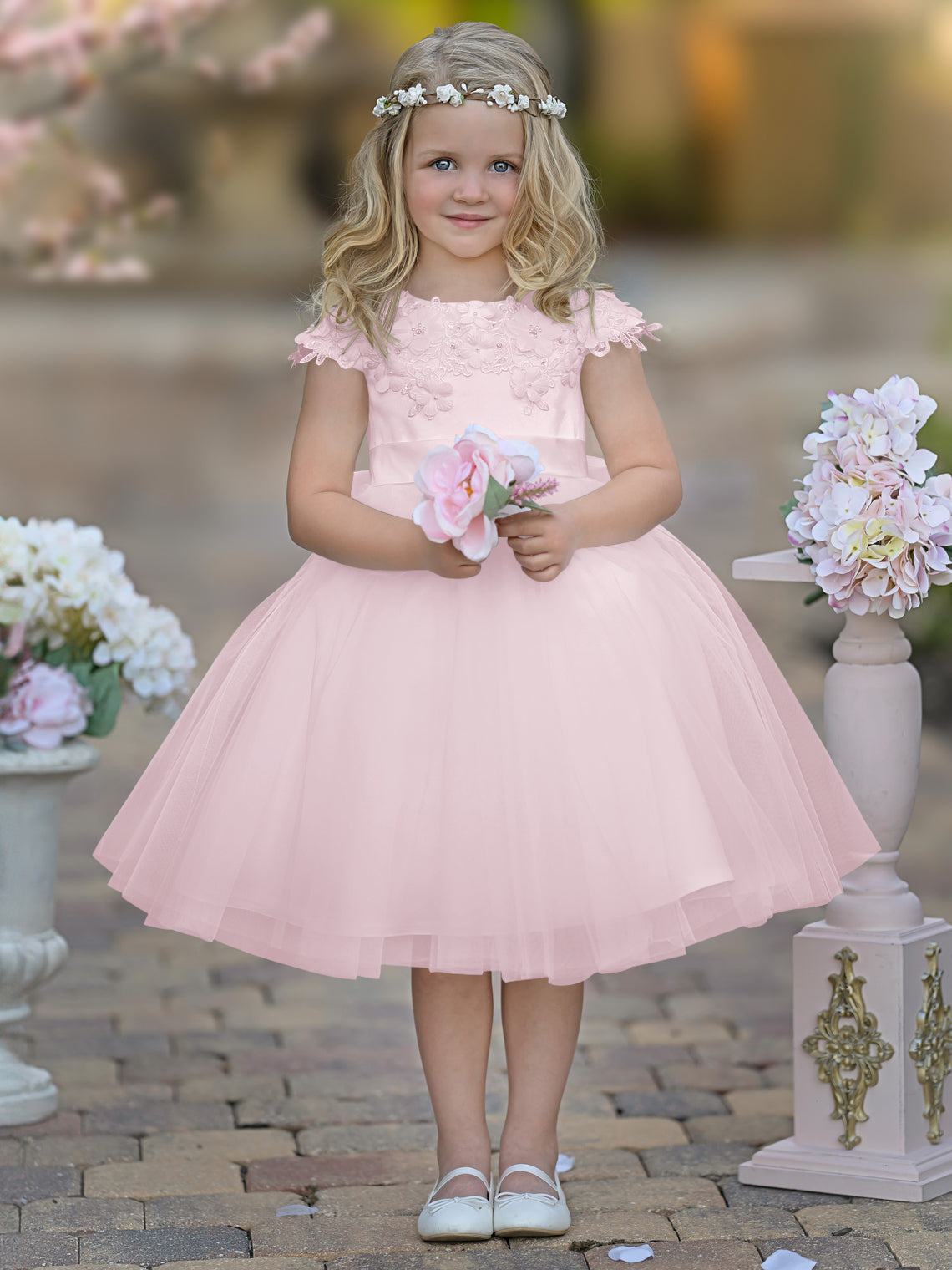 Vestido de niña de las flores de la Primera Comunión, color marfil, de tul satinado hasta la rodilla 