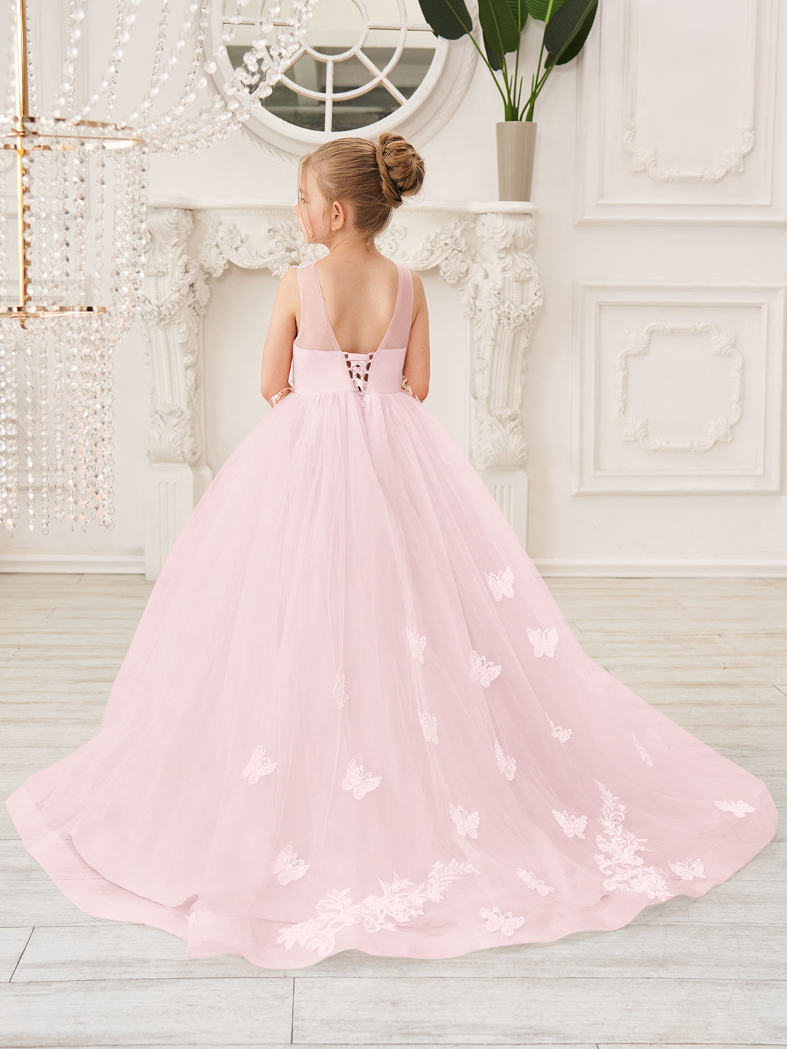 Elegante vestido de princesa sin mangas de tul para niña de las flores, corte en A 