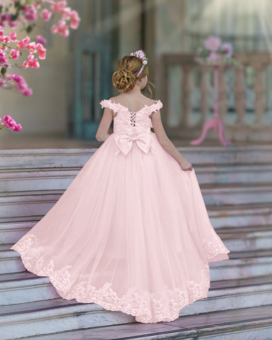 Vestido de gala/princesa rosa con cola de encaje para cumpleaños 