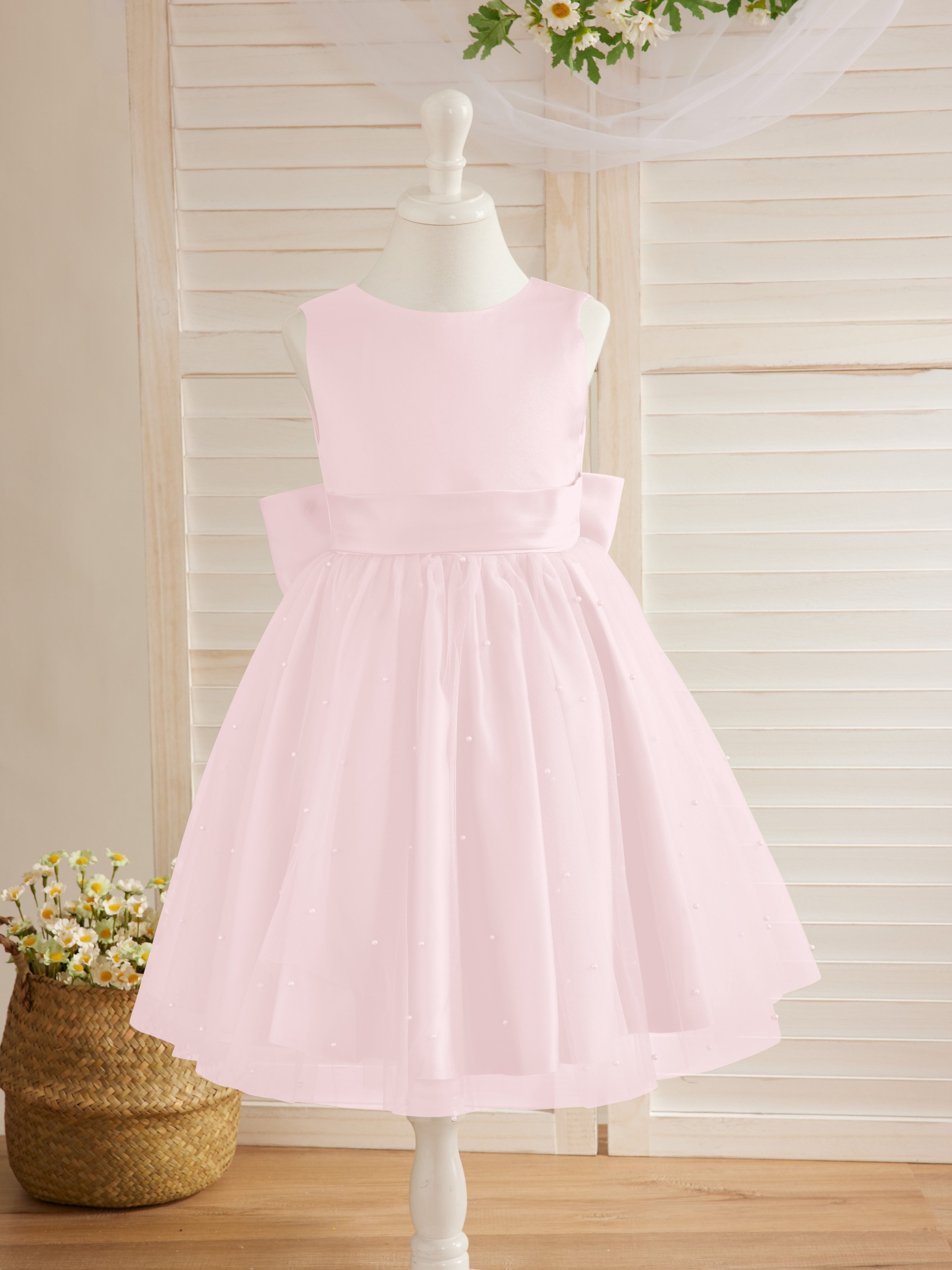 Vestido de princesa/vestido de princesa de satén y tul hasta la rodilla para niña de las flores 