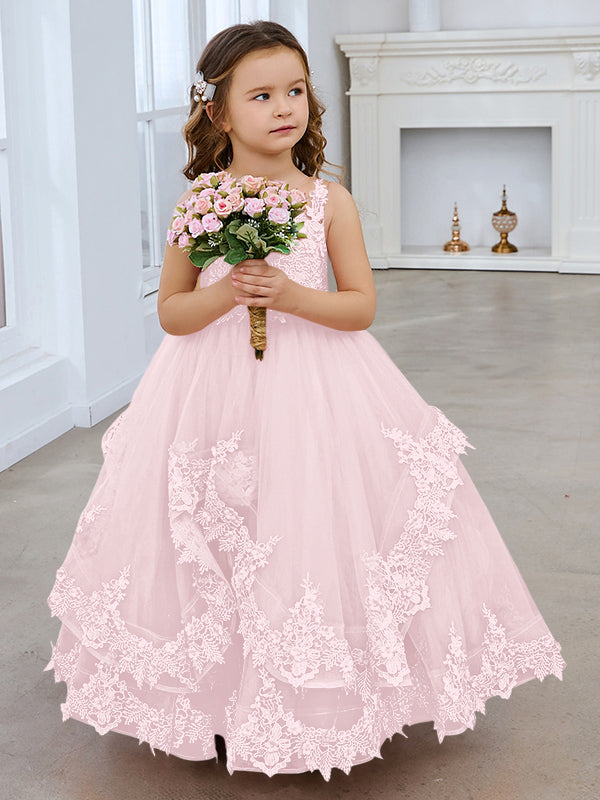 Vestido de princesa sin mangas de tul con apliques de encaje y cola corta para niñas 