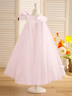 Vestido de niña pequeña de las flores, corte en A, con gran lazo y tul, hasta la rodilla. 