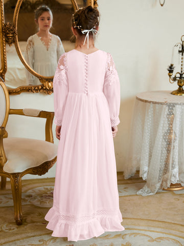 Vestido de Primera Comunión color marfil, corte en A, de gasa hasta el suelo 