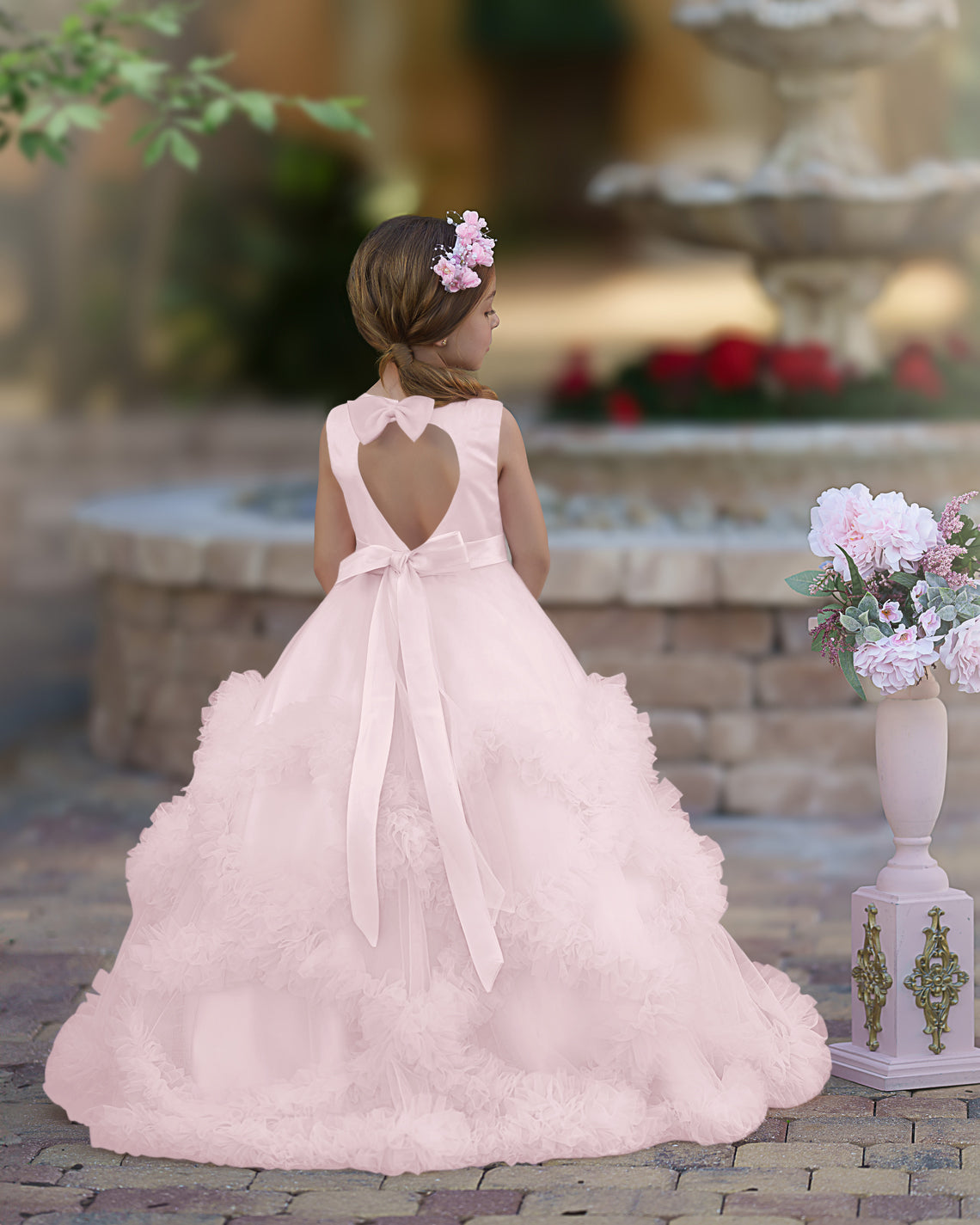 Vestido de niña de las flores de corte A, de satén y tul, hasta el suelo, con volantes en cascada. 