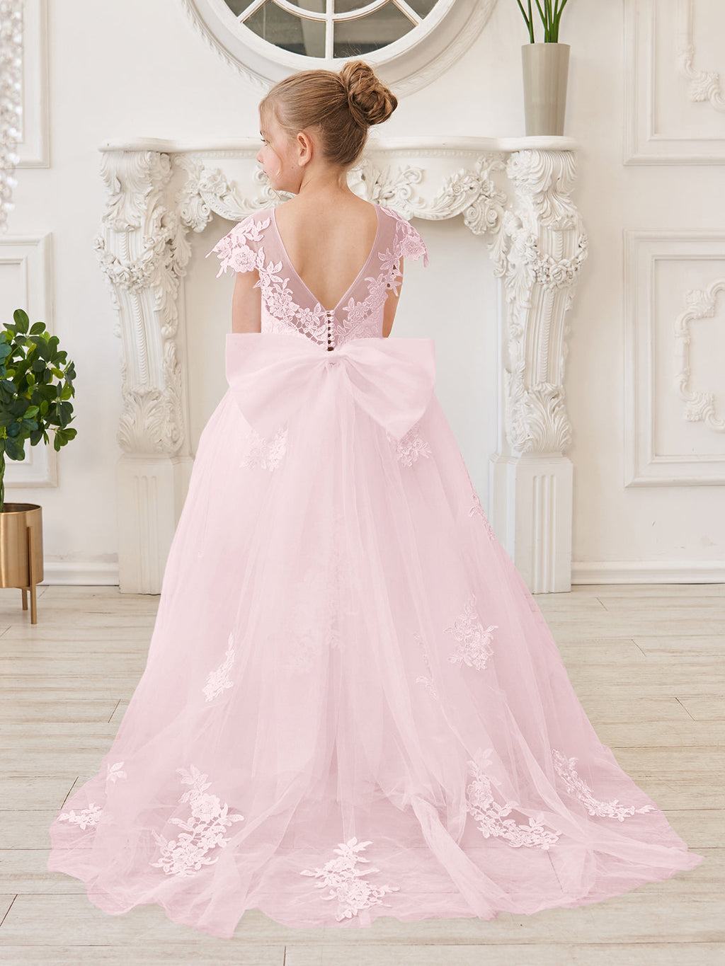 Vestido de niña de las flores para la Primera Comunión, color marfil, con cola desmontable estilo princesa. 