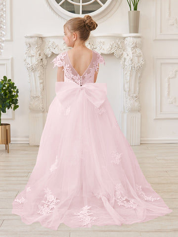 Vestido de niña de las flores para la Primera Comunión, color marfil, con cola desmontable estilo princesa. 