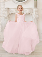 Elegante vestido blanco de tul para niña de las flores con cola corta 