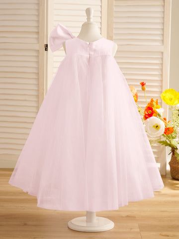 Vestido de niña pequeña de las flores, corte en A, con gran lazo y tul, hasta la rodilla. 