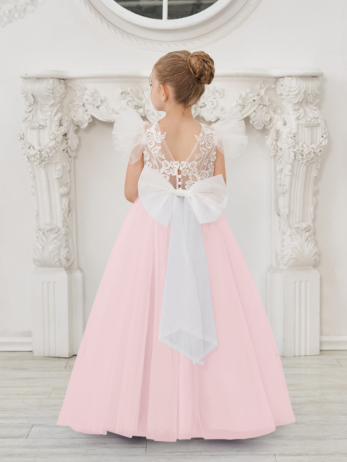 Vestido de niña de las flores con cola de tul y encaje desmontable