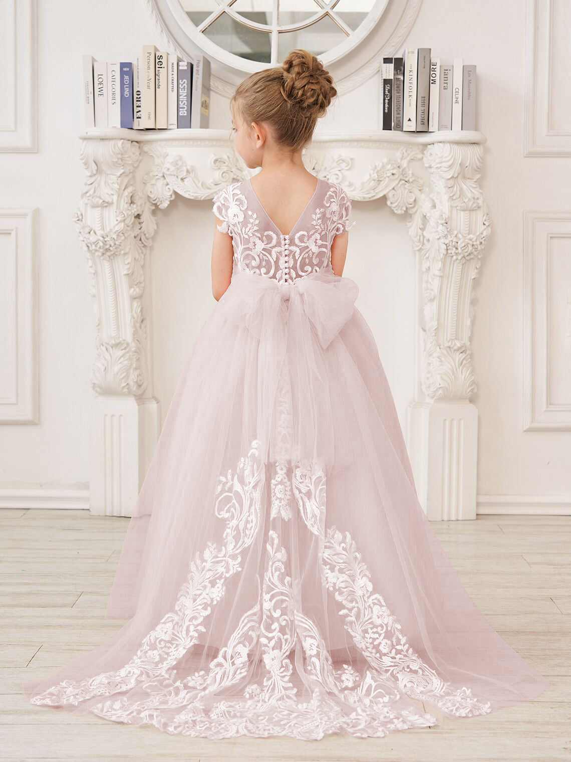 Vestido rosa de niña de las flores, corte en A, encaje, tul y cola corta 