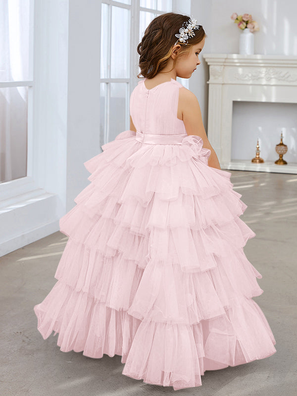 Vestido de princesa rosa perla sin mangas para niña de las flores con lazo de tul 