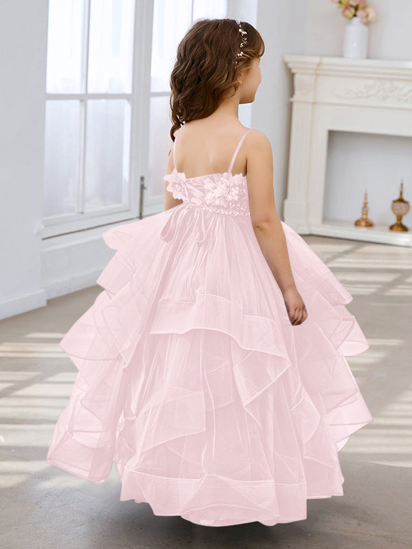 Vestido de niña de las flores de tul sin mangas, corte princesa, azul pizarra, corte en A, estilo princesa 
