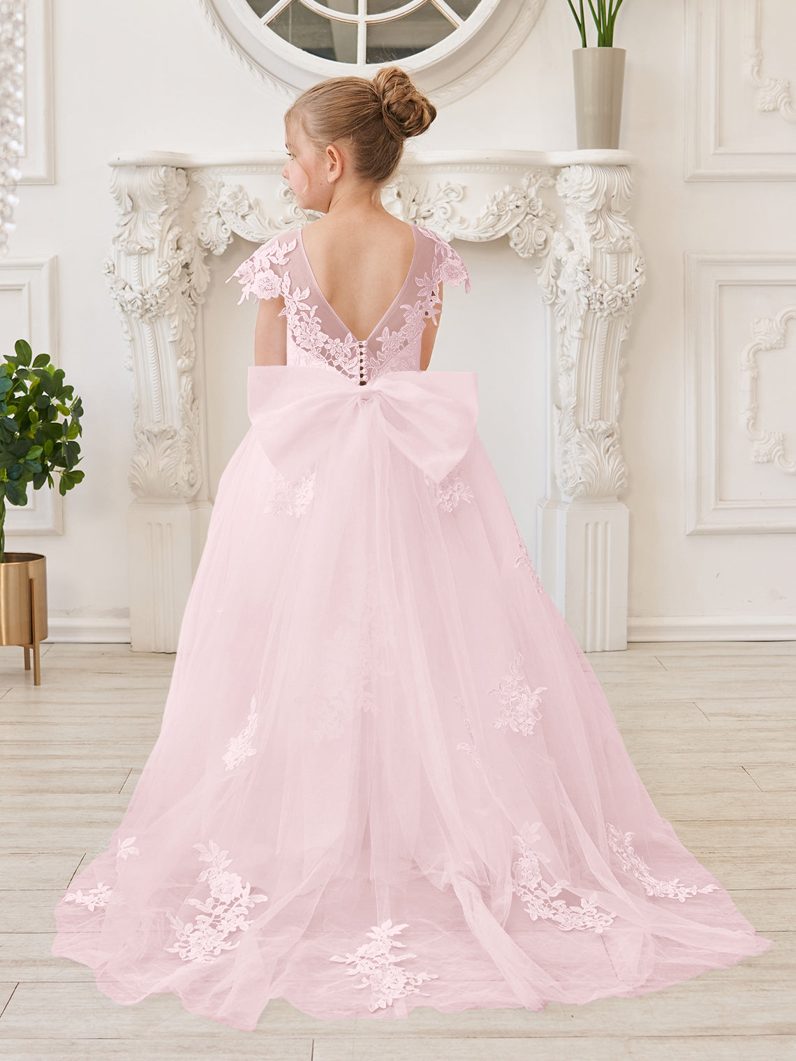 Vestido de niña de las flores para la Primera Comunión, color marfil, con cola desmontable estilo princesa. 
