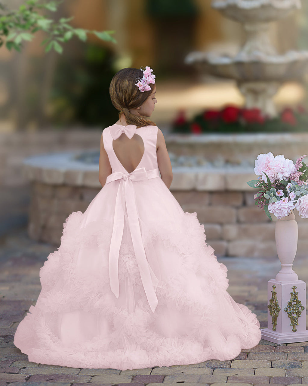 Vestido de niña de las flores de corte A, de satén y tul, hasta el suelo, con volantes en cascada. 