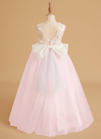 Vestido de niña de las flores sin mangas de encaje y tul con cuentas, estilo princesa de ensueño 