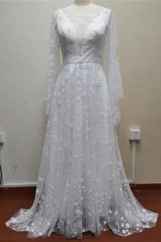 Vestidos de novia bohemios de corte A, manga larga, espalda descubierta y encaje.