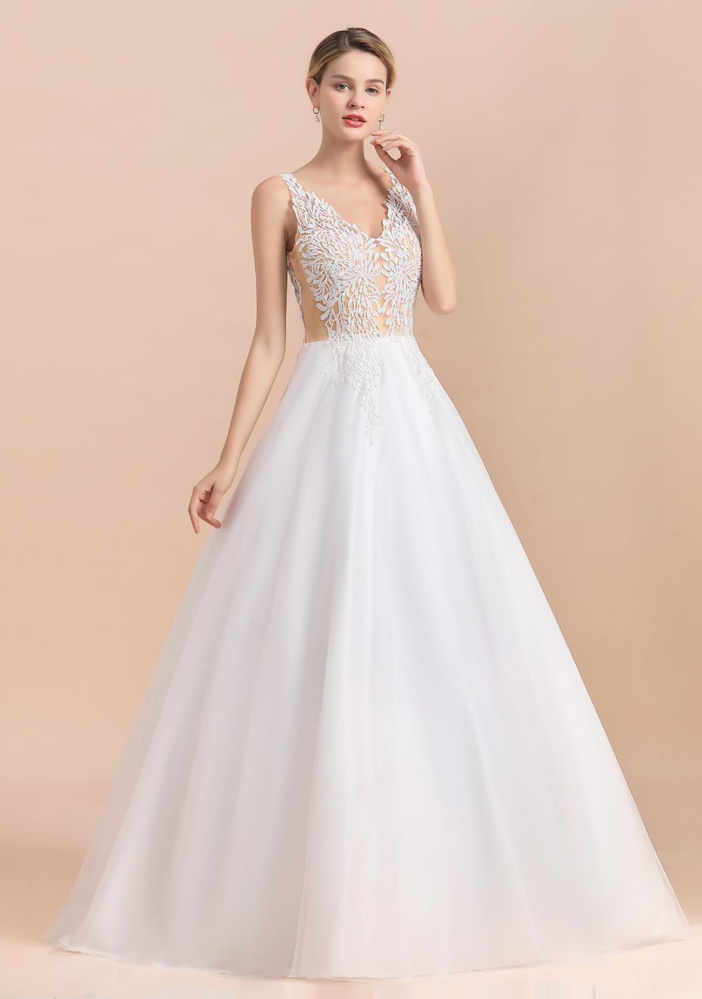 Boho Long A-line V-Neck Straps Tulle Appliques Lace Wedding Dress