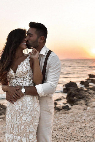 Boho Sleeveless Floral Mermaid Wedding Dress Backless Bridal Gown