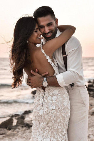 Boho Sleeveless Floral Mermaid Wedding Dress Backless Bridal Gown