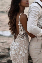 Robe de mariée sirène bohème sans manches à fleurs, dos nu 