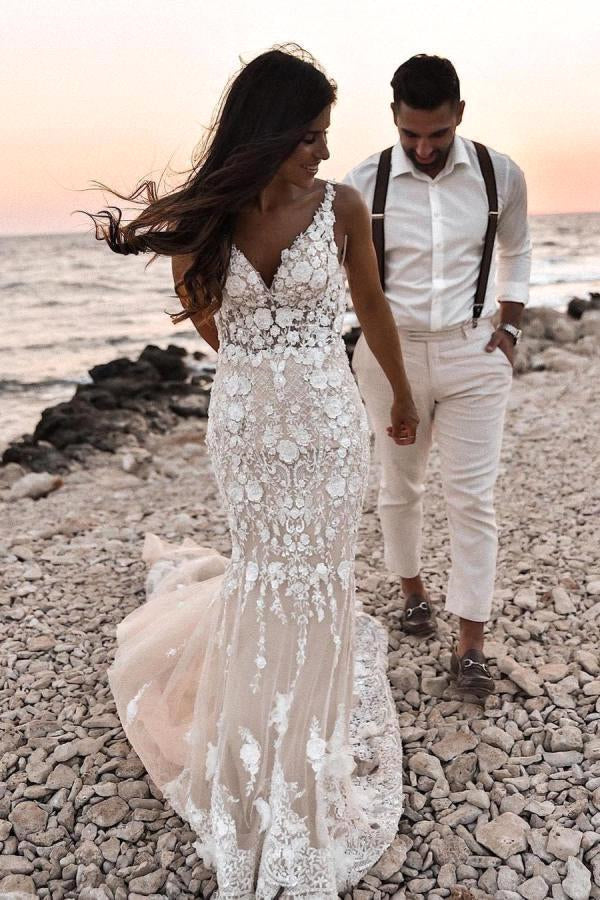 Robe de mariée sirène bohème sans manches à fleurs, dos nu 