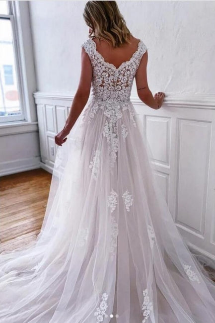 Boho White A-Line Sleeveless Wedding Dresses With Lace