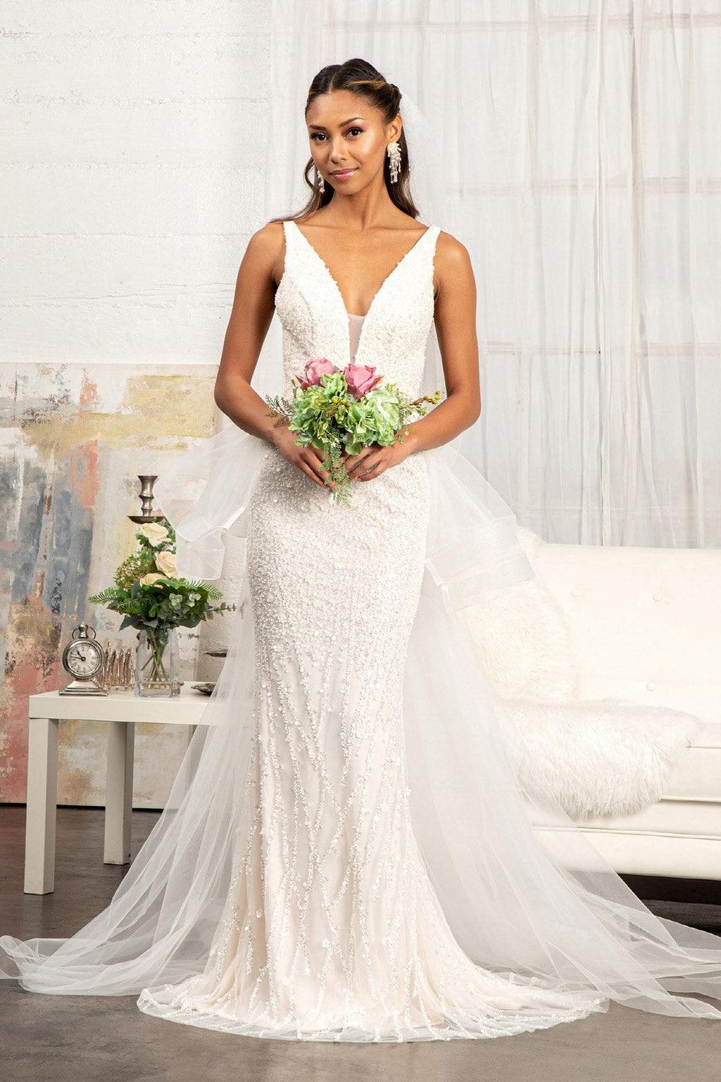 Robe de mariée sirène longue sans manches en tulle