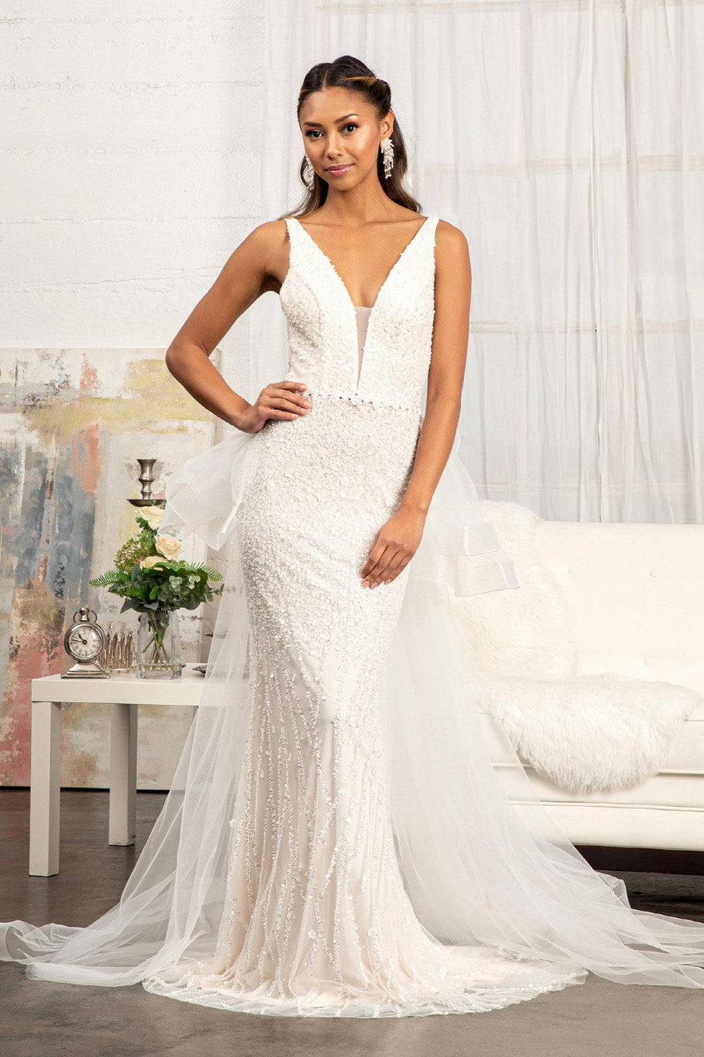 Robe de mariée sirène longue sans manches en tulle