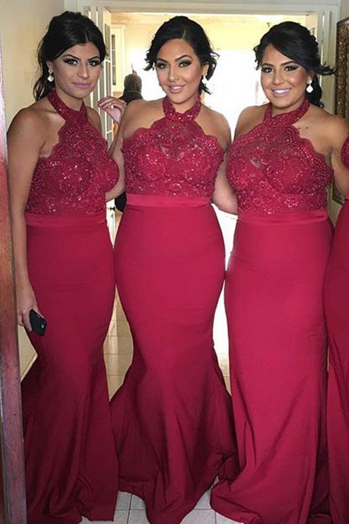 Vestidos de invitada de boda estilo sirena con cuello halter de encaje rojo, populares vestidos de dama de honor 