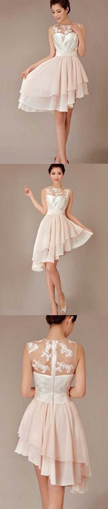Robe de demoiselle d'honneur courte rose poudré à ourlet asymétrique arrivant au genou, à petit prix 