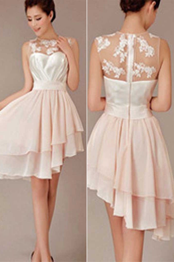 Robe de demoiselle d'honneur courte rose poudré à ourlet asymétrique arrivant au genou, à petit prix 