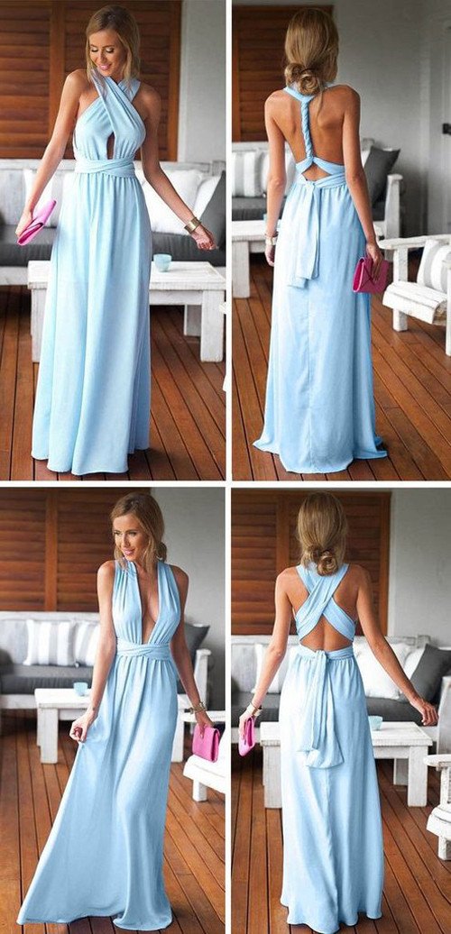 Robe de demoiselle d'honneur longue bleue, simple et convertible, idéale pour un mariage d'été à la plage ou un mariage.