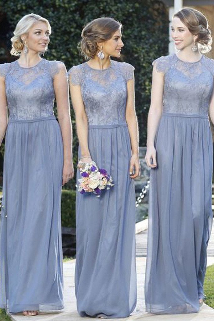 Robes de demoiselle d'honneur longues, élégantes, trapèze, en dentelle bon marché, col rond, à manches courtes et coupe charmante. 