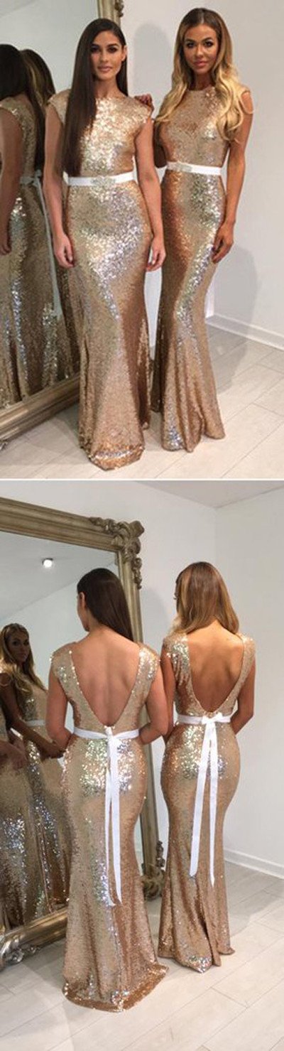 Vestido largo y económico para fiesta de bodas, vestidos de dama de honor de sirena con lentejuelas 