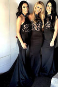 Black Halter Sleeveless Mermaid Bridesmaid Dresses with Appliques