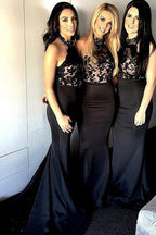 Black Halter Sleeveless Mermaid Bridesmaid Dresses with Appliques