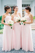 Robe de demoiselle d'honneur longue en mousseline rose clair à décolleté cœur, robe de cortège nuptial