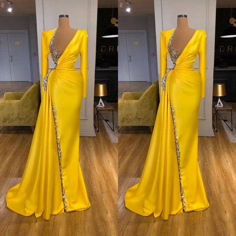 Bright Yellow V-neck Metallic Sequin Long sleeves Prom Dress