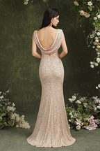 Robe de demoiselle d'honneur/de bal sirène à paillettes, décolleté dégagé, dos nu, avec fente latérale