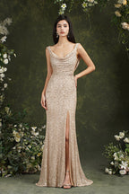 Robe de demoiselle d'honneur/de bal sirène à paillettes, décolleté dégagé, dos nu, avec fente latérale