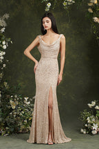 Robe de demoiselle d'honneur/de bal sirène à paillettes, décolleté dégagé, dos nu, avec fente latérale