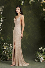Robe de demoiselle d'honneur/de bal sirène à paillettes, décolleté dégagé, dos nu, avec fente latérale