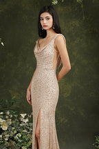 Robe de demoiselle d'honneur/de bal sirène à paillettes, décolleté dégagé, dos nu, avec fente latérale