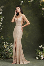 Robe de demoiselle d'honneur/de bal sirène à paillettes, décolleté dégagé, dos nu, avec fente latérale