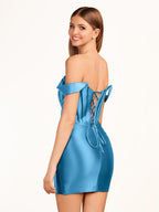 Fuchsia Sheath Off the Shoulder Short Satin Homecoming Dress