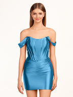 Fuchsia Sheath Off the Shoulder Short Satin Homecoming Dress