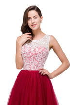 Vestidos de dama de honor burdeos de corte A, encaje y gasa