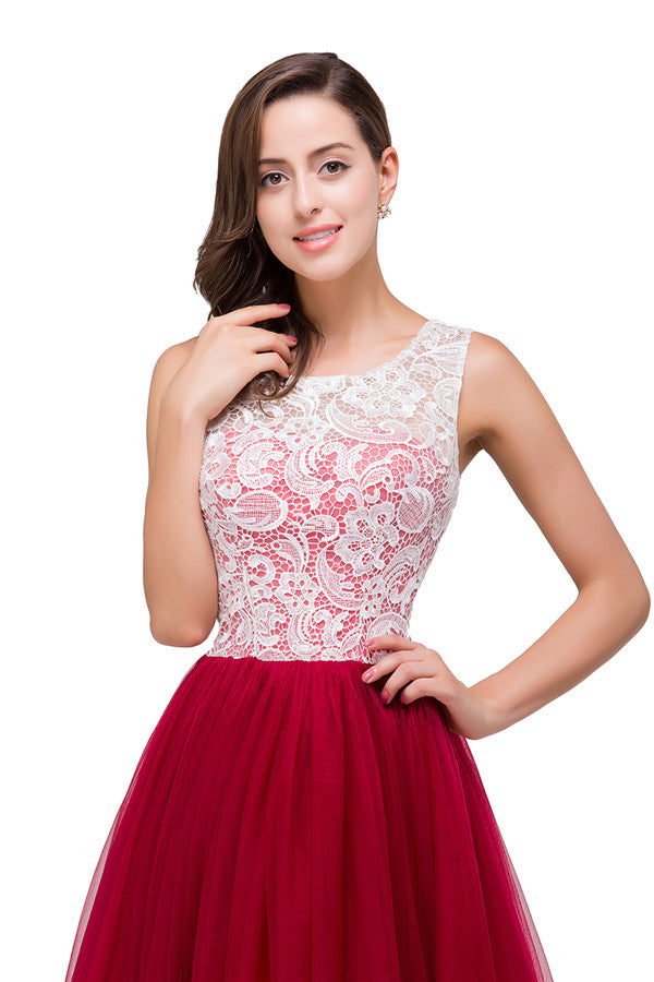 Vestidos de dama de honor burdeos de corte A, encaje y gasa