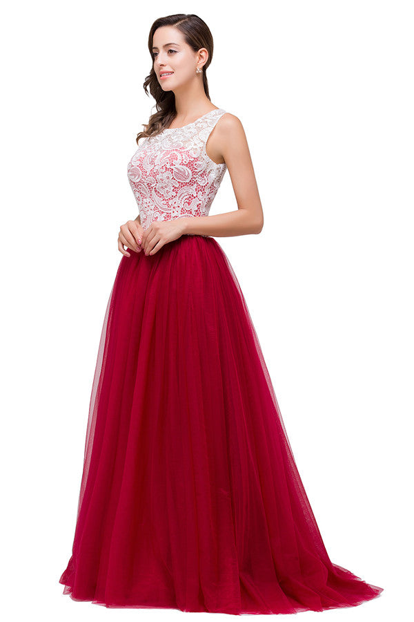 Vestidos de dama de honor burdeos de corte A, encaje y gasa