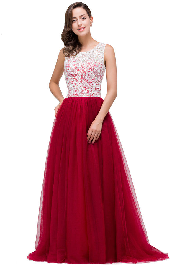 Vestidos de dama de honor burdeos de corte A, encaje y gasa